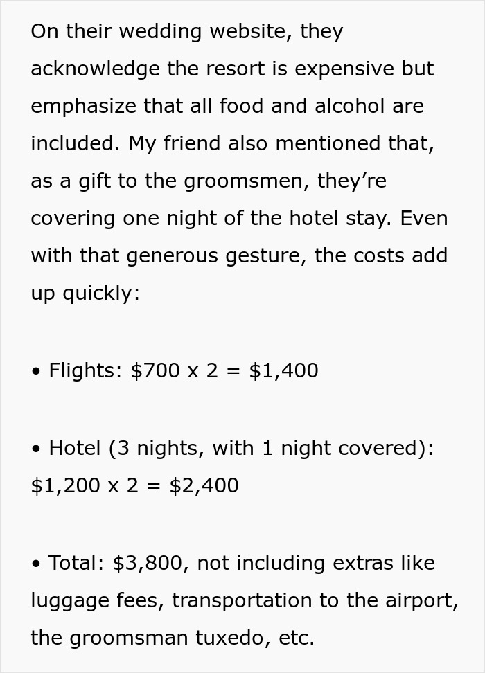 Groomsman cost breakdown showing flights and hotel expenses for destination wedding. Groomsman cost breakdown showing flights and hotel expenses for destination wedding.