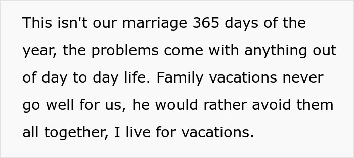 Text about marital issues and vacations, highlighting holiday problems and a man's reluctance compared to his wife's enthusiasm.