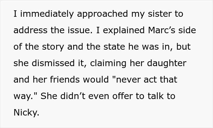 Text image about family conflict and declining a wedding invitation over dismissing an issue.