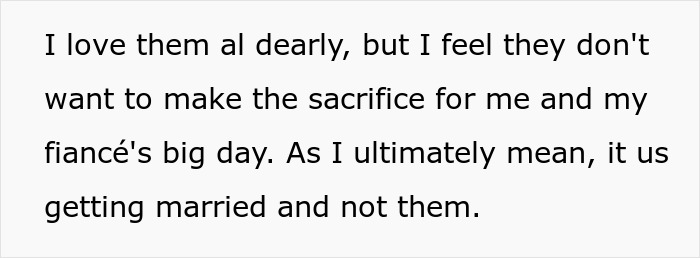 Text expressing frustration over family disrupting couple's wedding plans.