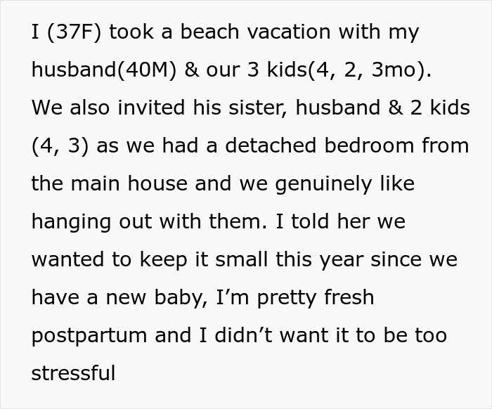 Text discussing a family beach vacation planned with in-laws, focusing on relaxation and managing stress with a new baby.