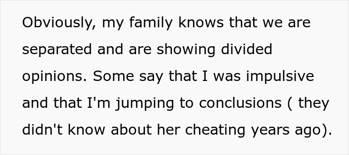 Text discussing divided family opinions on a wife’s past infidelity. Text discussing divided family opinions on a wife’s past infidelity.