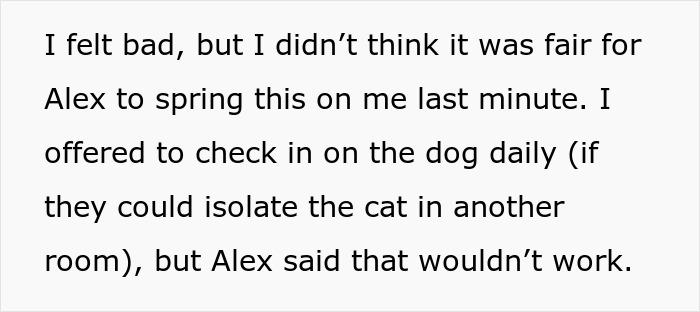 Text about allergies and pet sitting dilemma involving a dog and a cat.