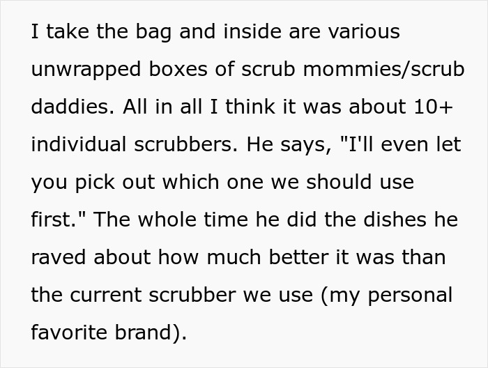Text describing unwrapped scrubbers as a humorous Christmas gift early surprise.