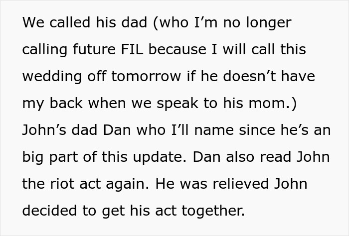 Text about a bride discussing future in-laws' involvement in her wedding dress choice for comfort.