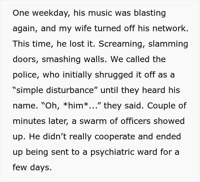 Text about a man's breakdown after neighbors repeatedly disconnect his Wi-Fi, leading to police involvement.