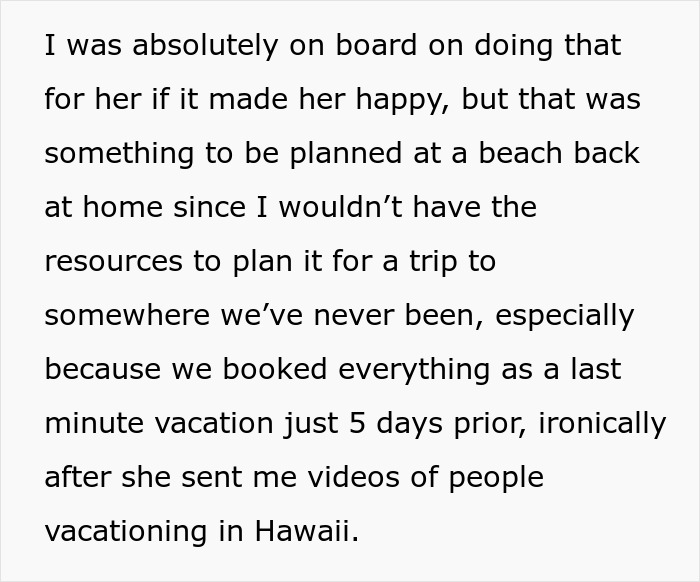 Text discussing a couple's vacation planning challenges and proposal expectations.
