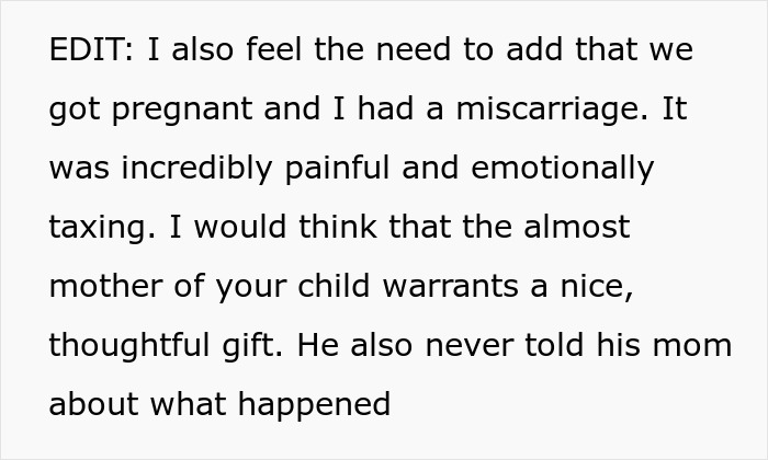 Text about miscarriage and emotional pain in a relationship, mentioning an unsatisfactory gift comparison.