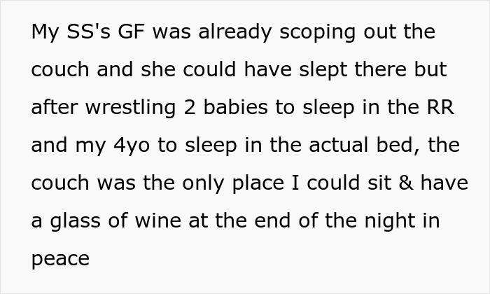 In-law drama text about couch and sleeping arrangements during unplanned vacation.