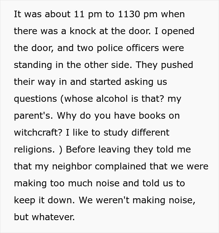 Text image about a noise complaint leading to police questions about alcohol and witchcraft books.