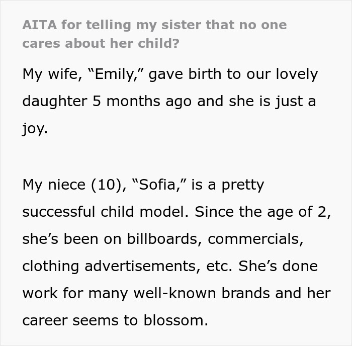 Text about a man's sister critiquing his wife's and baby's looks, discussing his niece's modeling success.