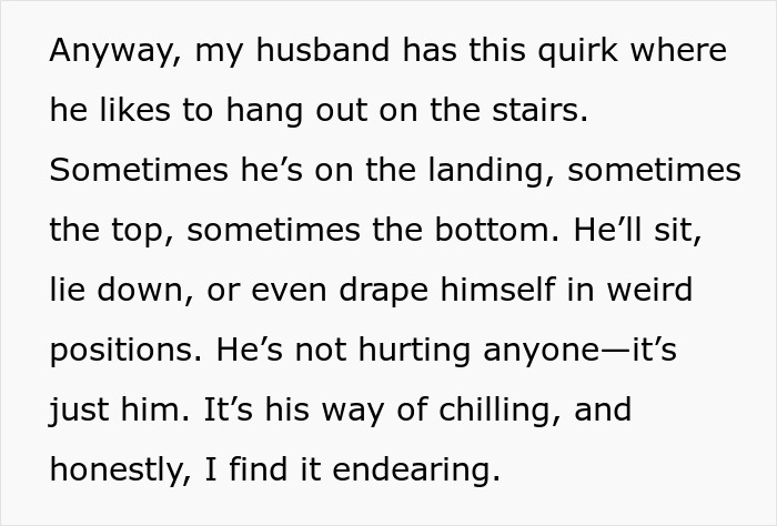 Text about husband&rsquo;s stair-sitting habit, which his wife finds endearing despite MIL&rsquo;s disapproval.