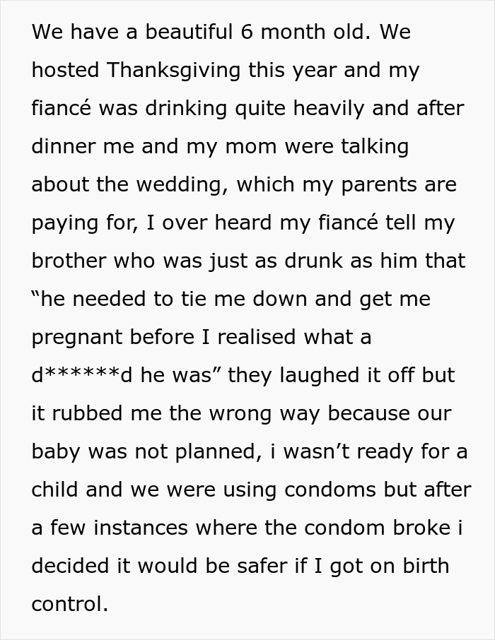 Text about a joke involving an unplanned pregnancy and an upset fianc&eacute; at Thanksgiving.