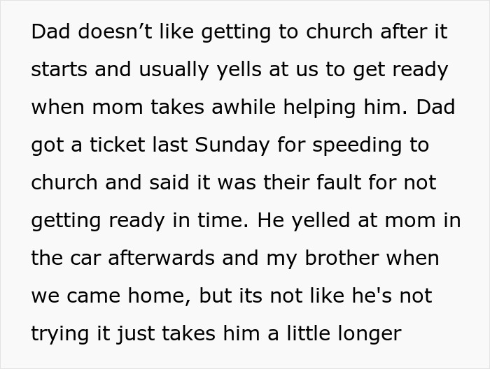 Text criticizing family's church priority over sports, highlighting dad's frustration, speeding ticket incident, and Sunday routine. Text criticizing family's church priority over sports, highlighting dad's frustration, speeding ticket incident, and Sunday routine.
