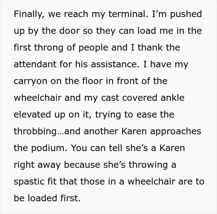 Text about a woman in a wheelchair at an airport with a cast on her ankle facing an aggressive person. Text about a woman in a wheelchair at an airport with a cast on her ankle facing an aggressive person.