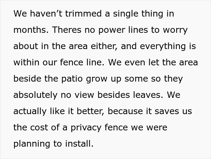 Text discussing neighbor's tree growth and privacy benefits, highlighting petty revenge. Text discussing neighbor's tree growth and privacy benefits, highlighting petty revenge.