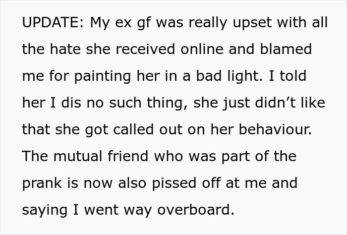 Text screenshot discussing backlash from a prank affecting a two-year relationship. Text screenshot discussing backlash from a prank affecting a two-year relationship.