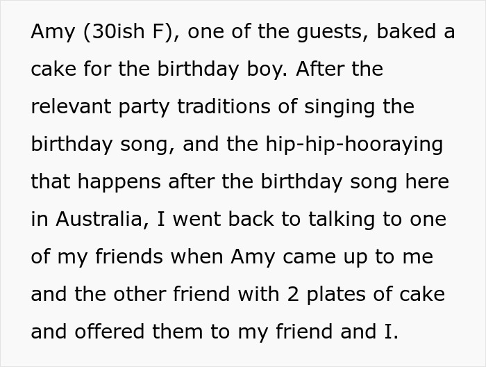 Guest Amy brings cake at a friend's birthday party in Australia, offering two plates during the celebration.