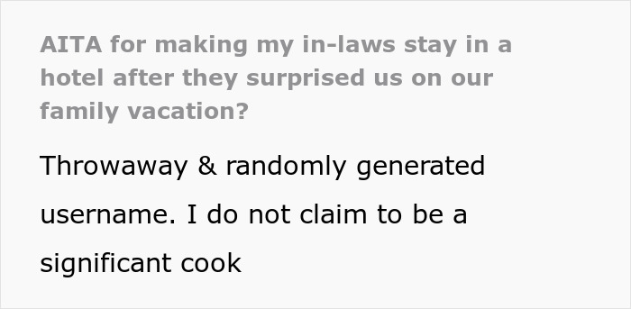 Text post discussing family vacation surprise by in-laws.