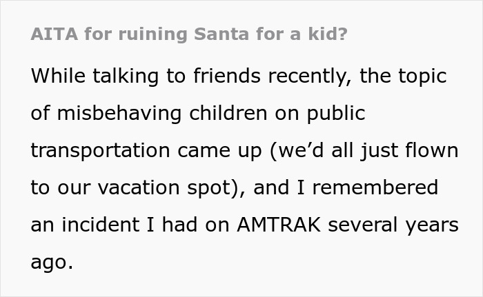 Text discussing misbehaving children on public transportation and an incident involving Santa Claus on an AMTRAK train. Text discussing misbehaving children on public transportation and an incident involving Santa Claus on an AMTRAK train.