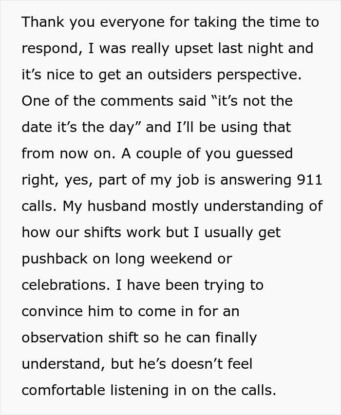 Text discussing husband understanding the nature of shifts during family Christmas.