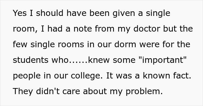 Text about a woman with insomnia dealing with loud roommates and feeling ignored by dorm policies. Text about a woman with insomnia dealing with loud roommates and feeling ignored by dorm policies.