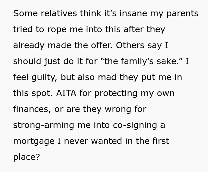 Text about feeling guilty for prioritizing finances over helping family with mortgage co-signing.
