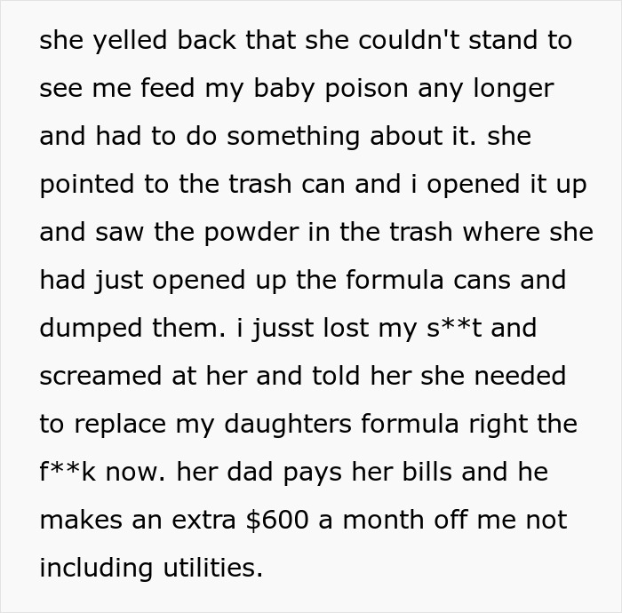 Text exchange about baby formula being called "poison" and thrown in the trash. Text exchange about baby formula being called "poison" and thrown in the trash.