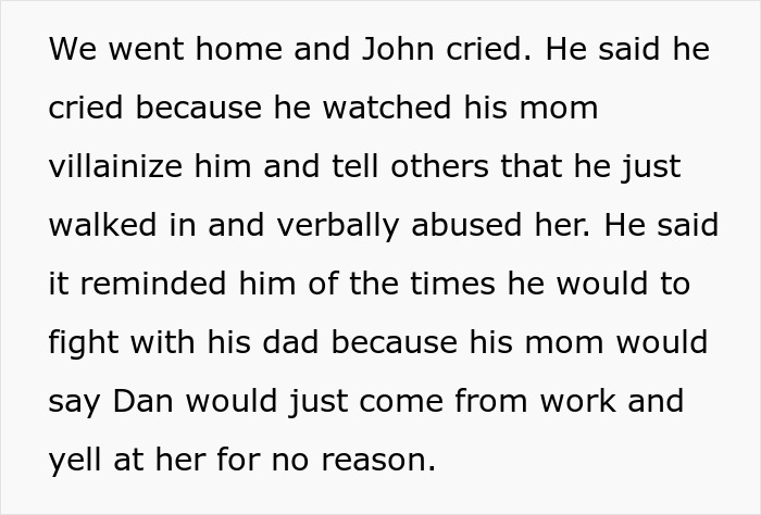 Text discussing a fianc&eacute;'s emotional moment involving family conflicts related to his mom and his childhood experiences.