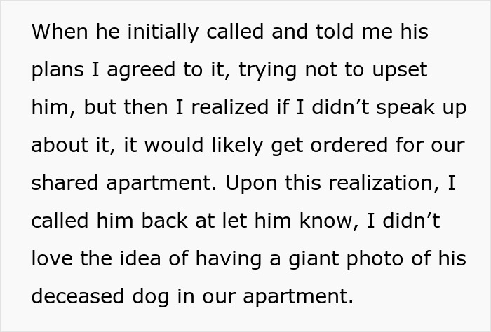 Text expressing concerns about displaying a large photo of a late dog in the apartment. Text expressing concerns about displaying a large photo of a late dog in the apartment.
