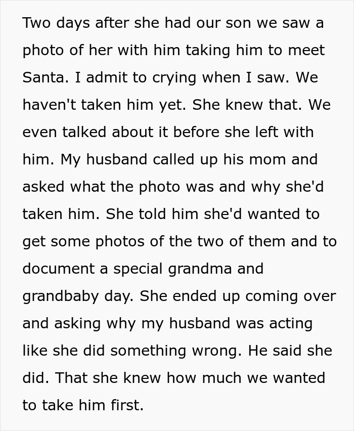 Text about a new mom upset over a missed baby "first," describing family conflict. Text about a new mom upset over a missed baby "first," describing family conflict.