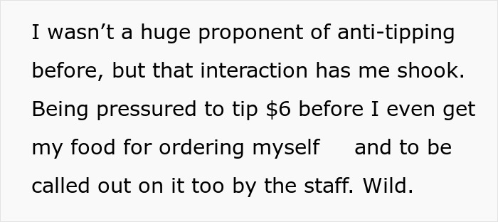 Text expressing shock over being pressured to tip $6 before receiving food and staff shaming the customer.