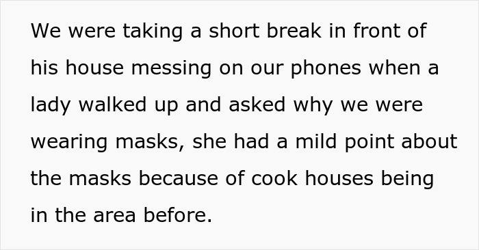 Text image discussing a woman questioning the use of masks, mentioning previous cook houses in the area, highlighting petty revenge.