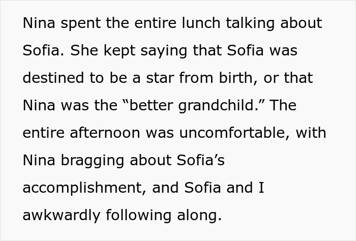 Text excerpt about uncomfortable lunch conversation focusing on Sofia's accomplishments.