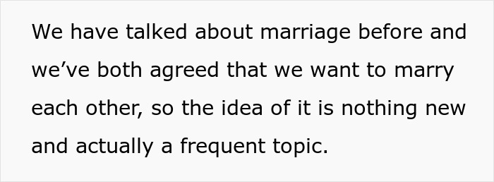 Text about frequently discussing marriage and mutual agreement to marry.