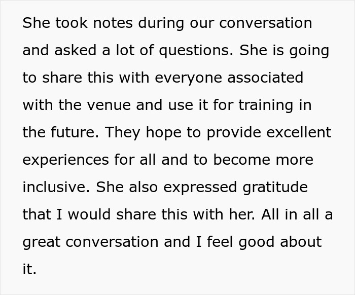 Text about a conversation where training and inclusivity are discussed and gratitude is expressed.