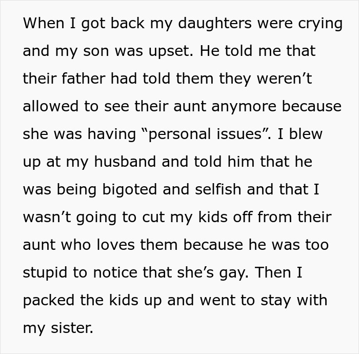 Text discussing a husband's objection to kids seeing their gay aunt, with wife confronting his bigotry.