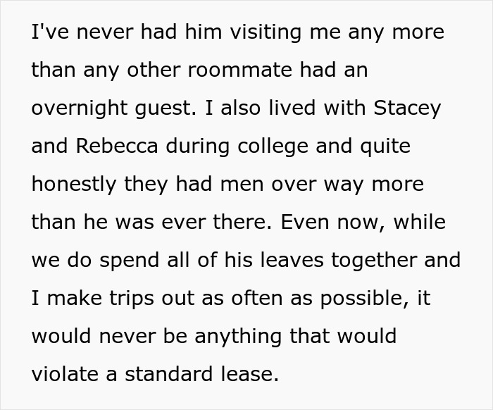 Text discussing a roommate's experiences with visitors, privacy, and lease boundaries. Text discussing a roommate's experiences with visitors, privacy, and lease boundaries.
