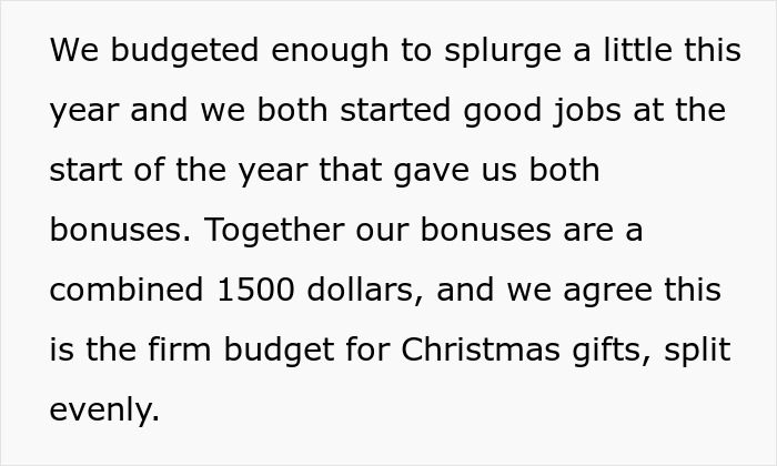 Text about budgeting $1500 for Christmas gifts after receiving bonuses from new jobs.