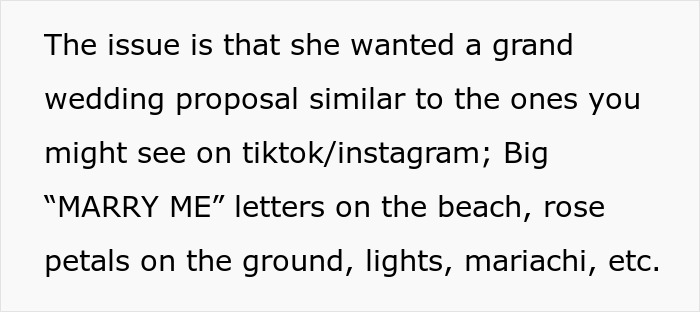 Text describing a grand wedding proposal with "MARRY ME" letters on the beach, rose petals, and mariachi.