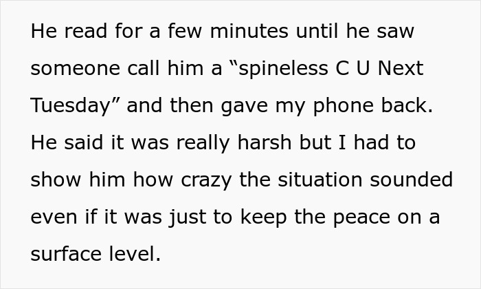 Text conversation about wedding dress color and family dynamics.