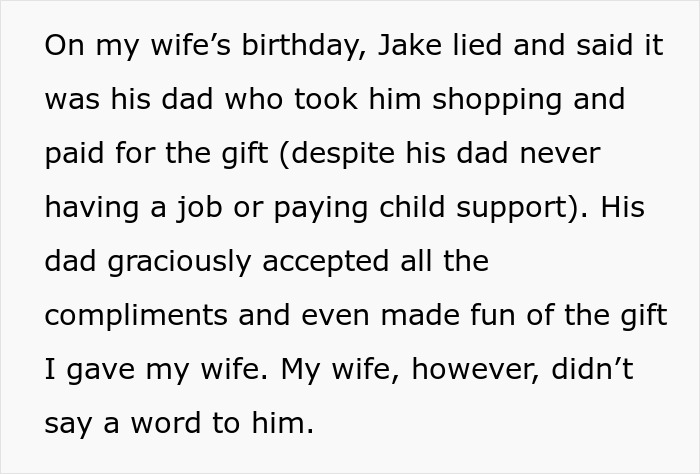 Text highlighting wife's birthday, her ex lying about gift purchase, and husband's frustration.