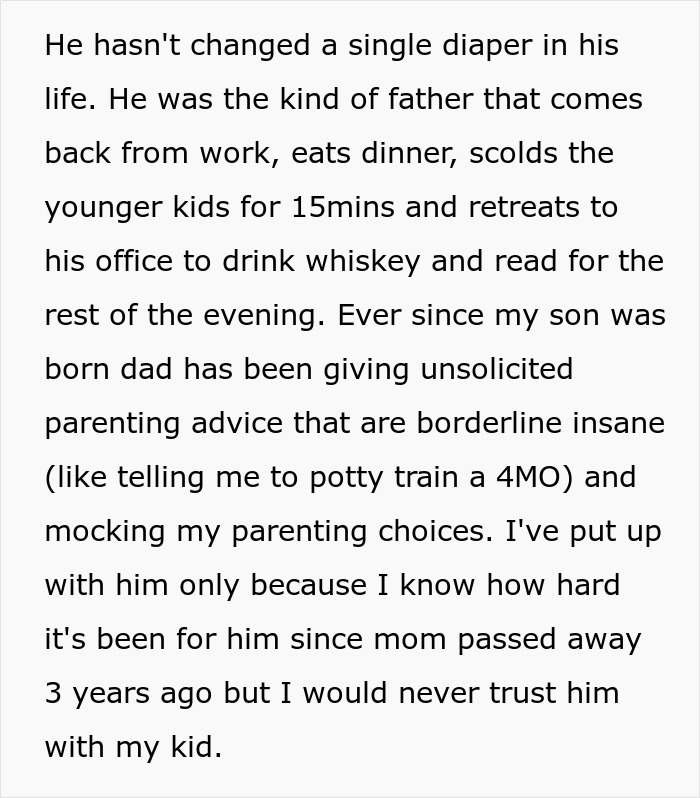 Text discussing a grandpa called incompetent and ignorant about babysitting due to poor parenting skills.