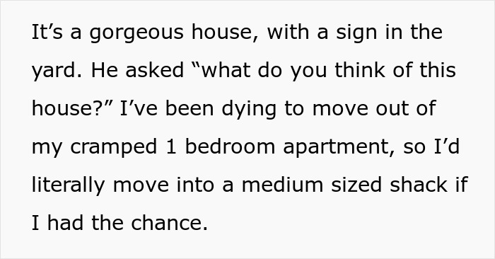 Text describing a fianc&eacute; planning a surprise house prank with a sign in the yard.