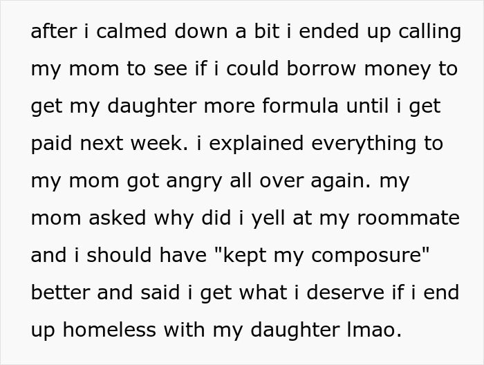 Text about a mother seeking money for baby formula after roommate's actions. Text about a mother seeking money for baby formula after roommate's actions.