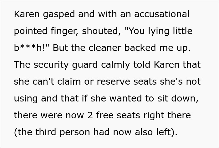 Angry woman demanding a seat at a shopping mall, security intervenes to explain seating rules.