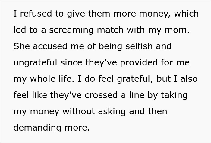 Text about parents believing they deserve daughter's money due to raising her. Text about parents believing they deserve daughter's money due to raising her.