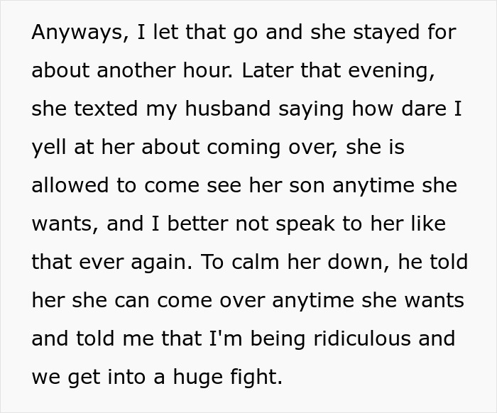 Text conversation about MIL visiting unannounced and family argument over boundaries.