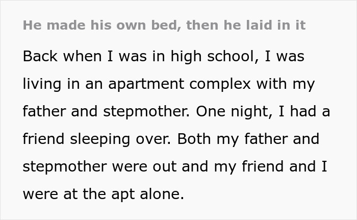Quote about a high schooler living in an apartment with his father and stepmother, recalling a night alone with a friend.