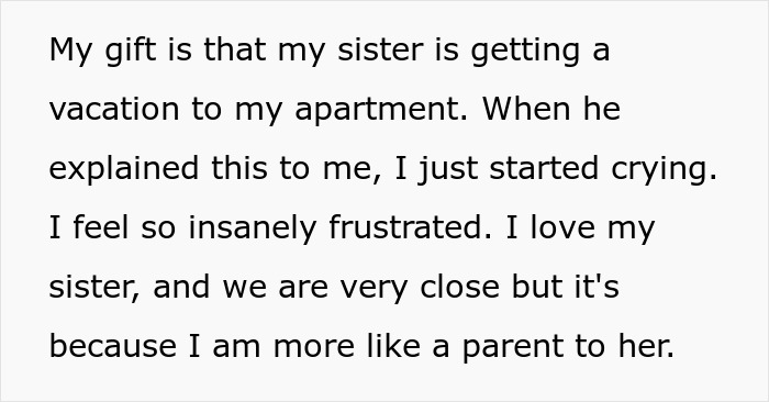 Text detailing a man's surprise gift causing frustration and tears, highlighting emotional complexity.